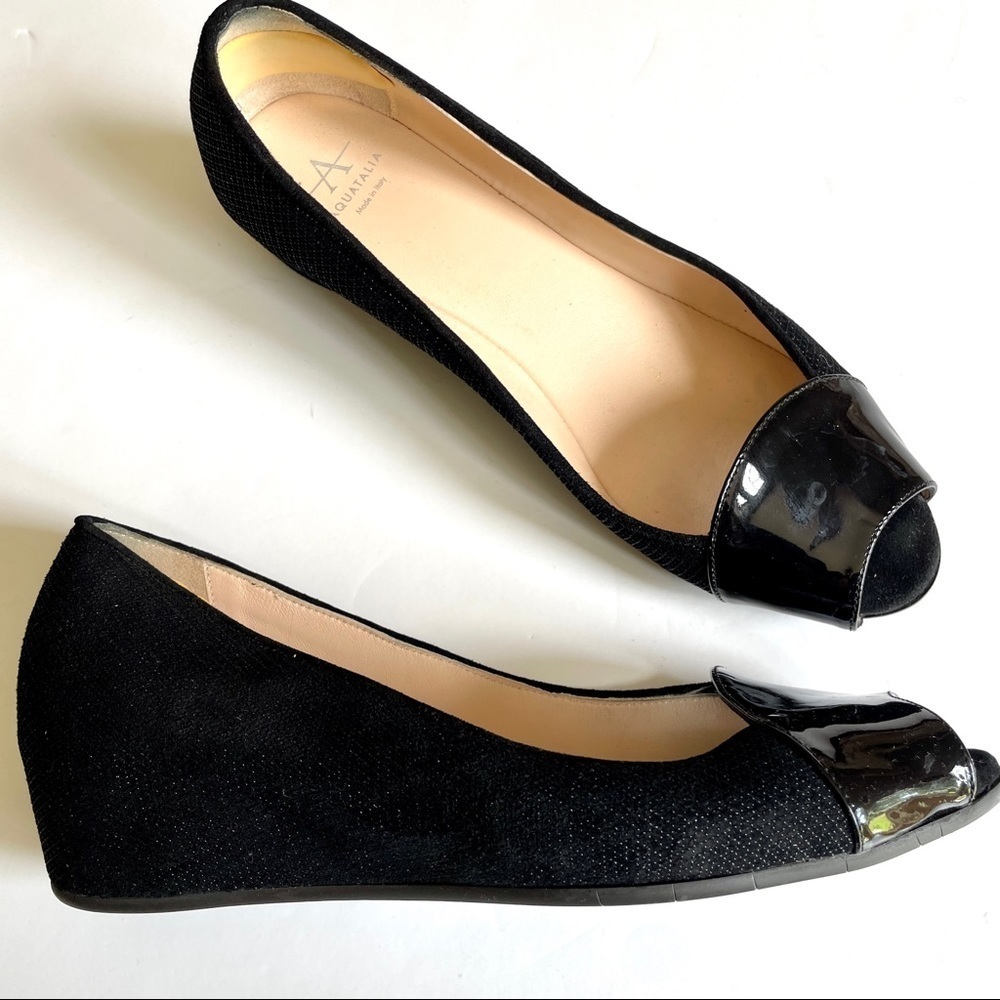 Aquatalia Black Low Wedge Peeptoe Shoes Flats Pointed Modern